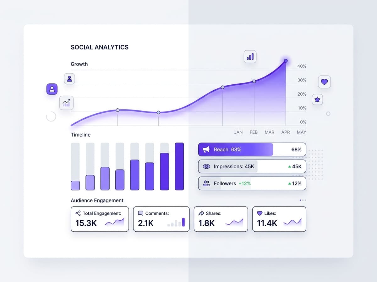 Social media analytics, retention curves, and growth metrics illustration
