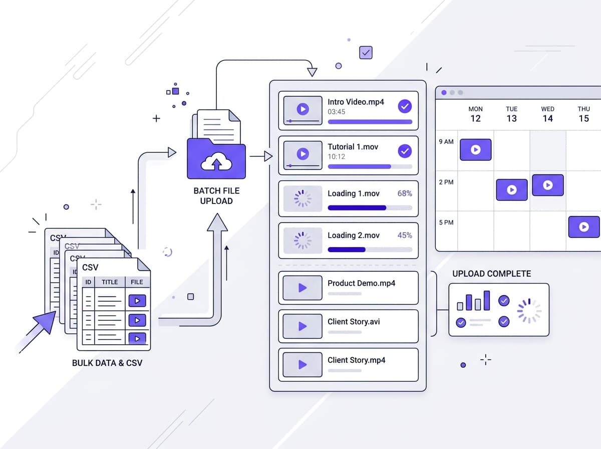 Bulk video file upload, CSV batch queue, and RSS feeds illustration