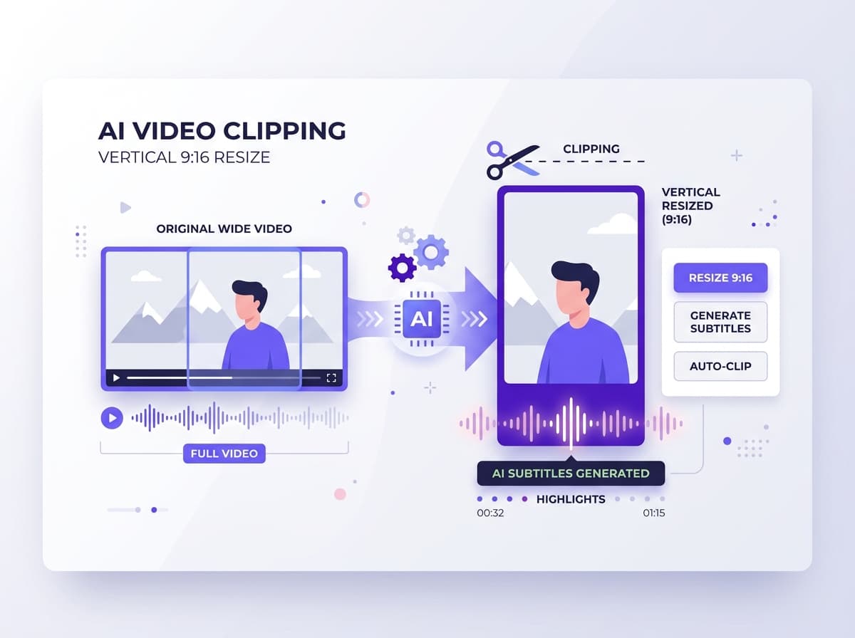 AI video clipping, 9:16 vertical resizing, and subtitles illustration